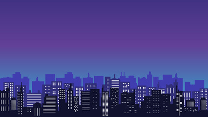 Obraz na płótnie Canvas City silhouette background with view of purple sky and tall buildings around it