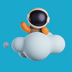 cute astronaut is waving hand above the clouds. 3d render