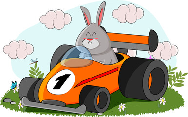 A cute bunny bought an orange sports car and came to his forest