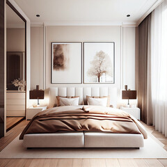 Beige Minimalist Modern Bedroom Interior Design. Generative AI