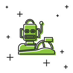 Black Robot humanoid driving a car icon isolated on white background. Artificial intelligence, machine learning, cloud computing. Vector