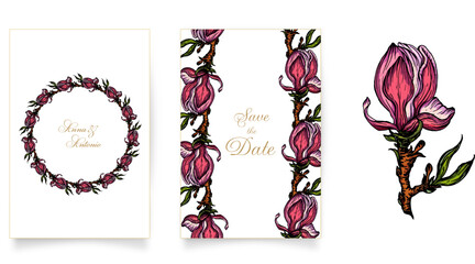 set of cards and invitations with pink Magnolia flowers