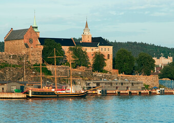 view of medieval Akershus Fortress - Akershus Festning - historic royal residence at Oslofjorden sea shore