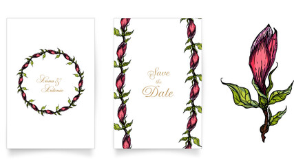 set of cards and invitations with pink Magnolia flowers