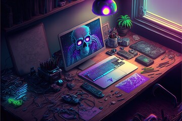 neon sci-fi creative workspace