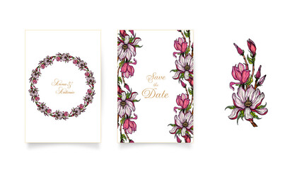 set of cards and invitations with pink Magnolia flowers