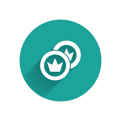White Pirate coin icon isolated with long shadow background. Green circle button. Vector