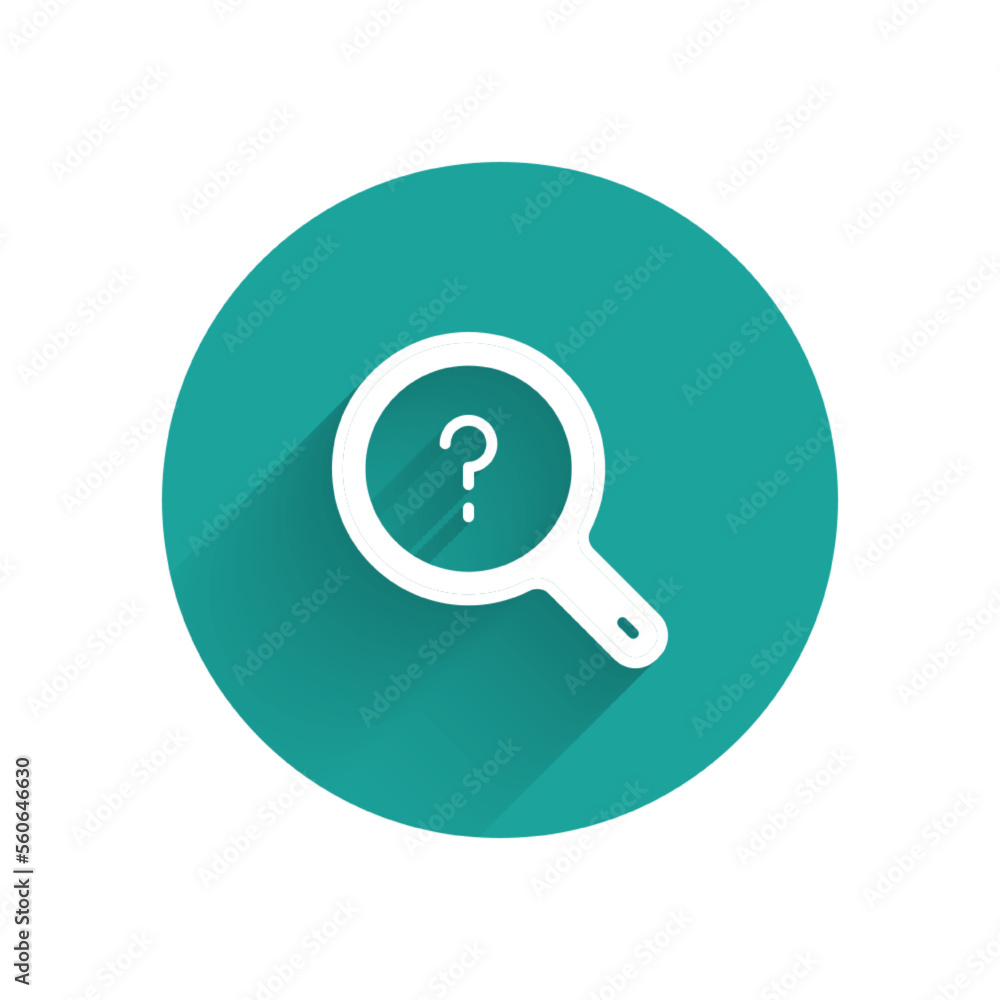 Poster white unknown search icon isolated with long shadow background. magnifying glass and question mark. 