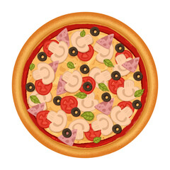 delicious mushroom pizza with tomato and olives with basil