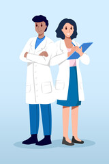 Fototapeta premium Medical Team . Male and female doctors with white coat . Cartoon characters . Vector .