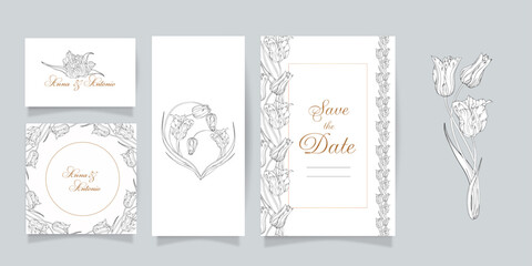 Set of cards and invitations with flowers. Spring flowers. Tulips