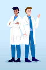 Medical Team . Male doctors with white coat . Cartoon characters . Vector .