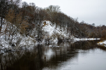 In winter, a steep bank of the river on which trees and shrubs grow.