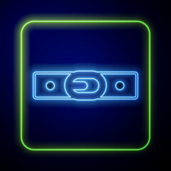 Glowing neon Leather belt with buttoned steel buckle icon isolated on blue background. Vector