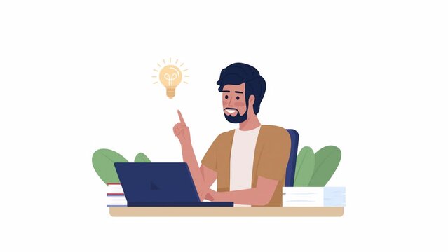 Animated man comes up with idea. Brainstorming session. Full body flat person on white background with alpha channel transparency. Colorful cartoon style HD video footage of character for animation