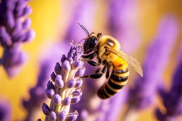 Fototapeta Thin lilac bee flower and flying around bee obraz