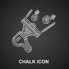 Chalk Female movement, feminist activist with banner and placards icon isolated on black background. Feminist rights movement, feminism sisterhood. Vector