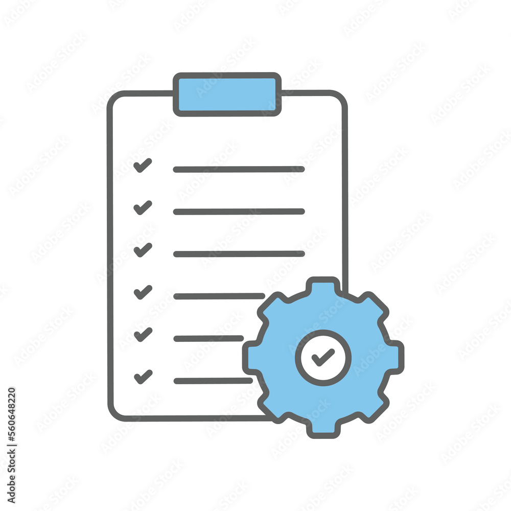 Poster checklist icon illustration with gear. icon related to project management. flat line icon style. sim