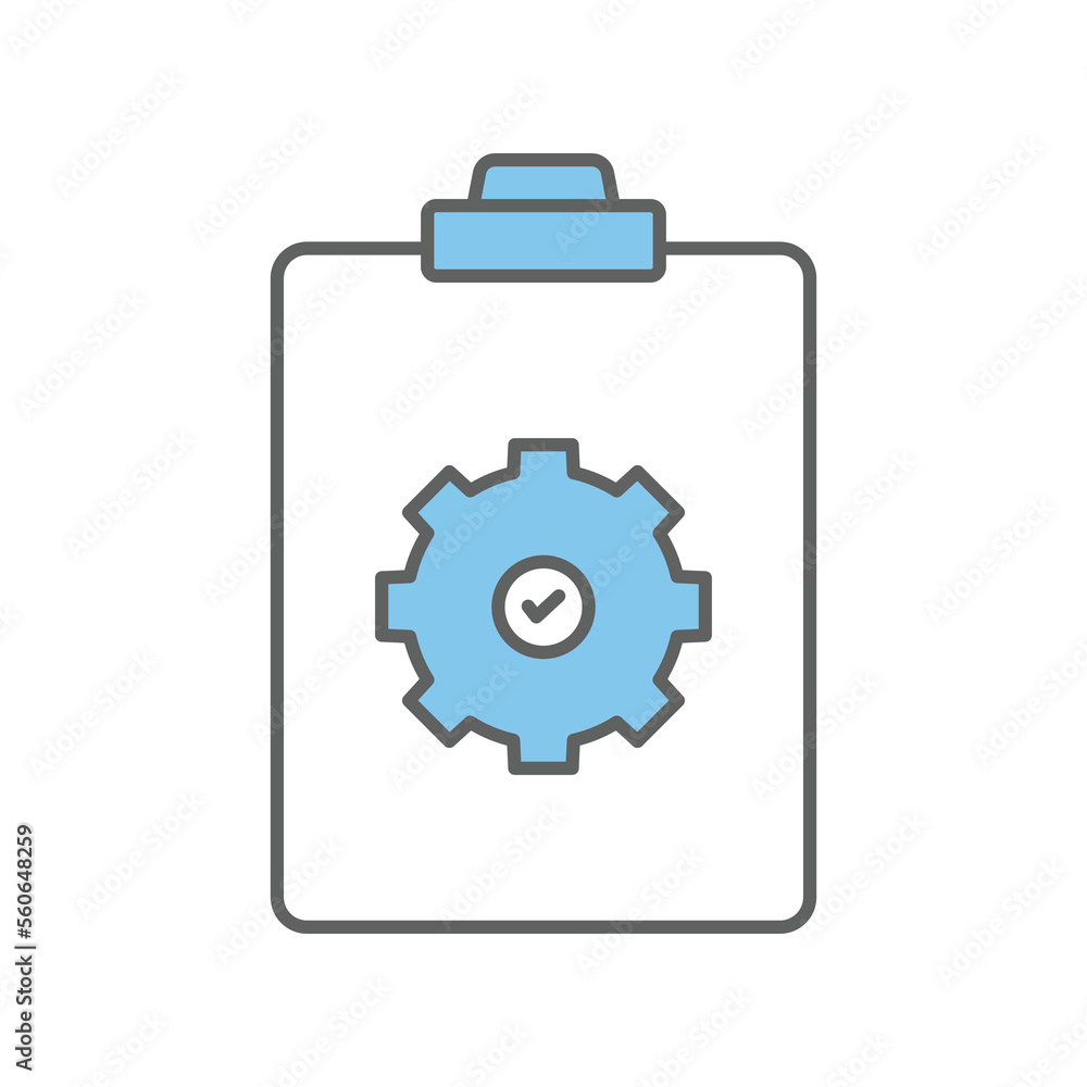 Poster checklist icon illustration with gear. icon related to project management. flat line icon style. sim