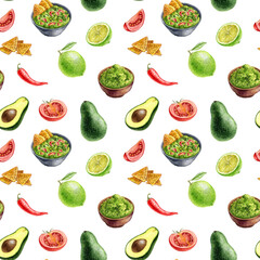watercolor drawing seamless pattern with guacamole, mexican avocado sauce, hand draw illustration, food background