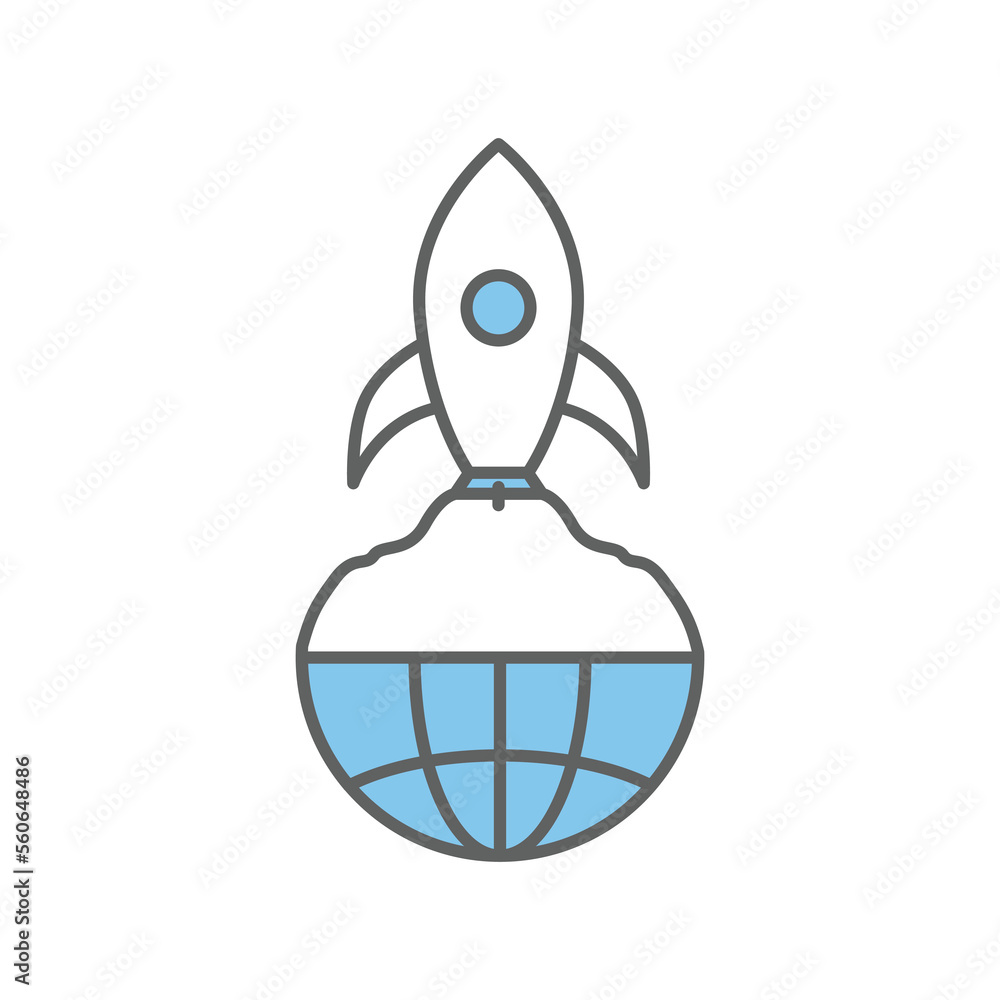 Poster earth icon illustration with rocket. suitable for global start icon. icon related to project managem