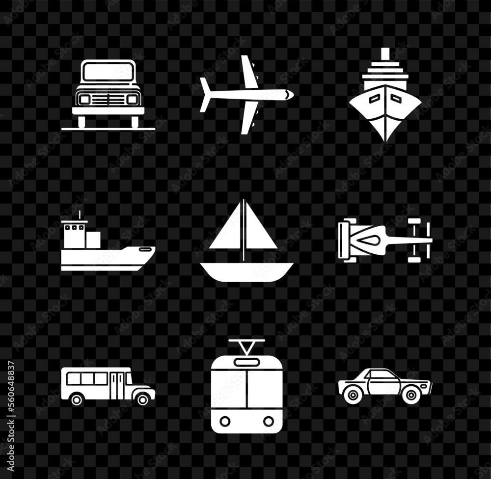 Sticker Set Car, Plane, Cargo ship, School Bus, Tram and railway, Sedan car, and Yacht sailboat or sailing icon. Vector