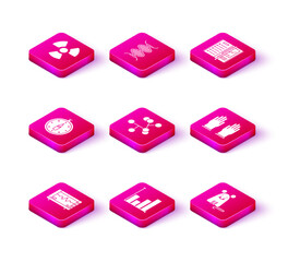 Fototapeta premium Set Computer monitor with cardiogram, Pie chart infographic, Compass, Molecule, Rat, Rubber gloves, Notebook and DNA symbol icon. Vector