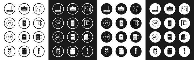Set Processor, Mobile and graphic password protection, Virtual reality, Router wi-fi signal, Tablet, Computer monitor screen, Sim card and Ar, augmented icon. Vector