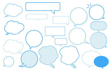 A set of speech bubbles with blue illustrations.