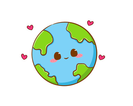 Cute adorable earth cartoon character. Hand drawn kawaii earth. Isolated white background. Vector art illustration.