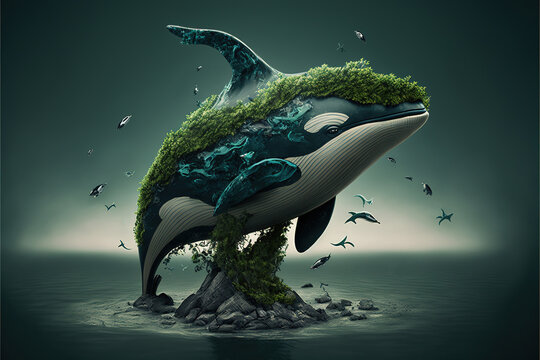 Surrealistische Illustration, Orka mit Pflanzen &uuml;berwucherten R&uuml;cken, Generative AI 