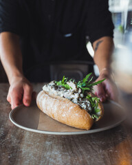 Baguette sandwitch roll sub, gourmet, beef, pastrami, ham, chicken, salad, food styling