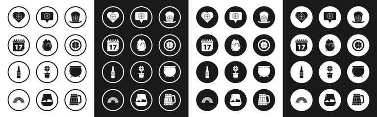 Set Leprechaun hat and four leaf clover, Witch cauldron, Saint Patrick's day with calendar, Heart, Gold coin, Four speech bubble, and Beer bottle icon. Vector