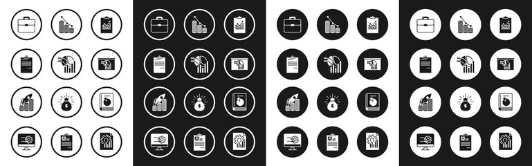 Set Clipboard with graph chart, Pie infographic, Document, Briefcase, Board, and coin, User manual and Rocket flying up on coins growth icon. Vector