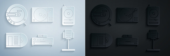 Set Music CD player, Vinyl disk, stand, with vinyl and icon. Vector