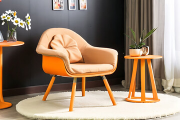 orange patone armchair in room, with carpet, table and vase Generative AI