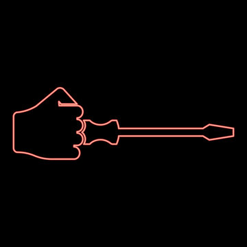 Neon screw driver in hand tool in use Arm with screwdriver for unscrewing red color vector illustration image flat style
