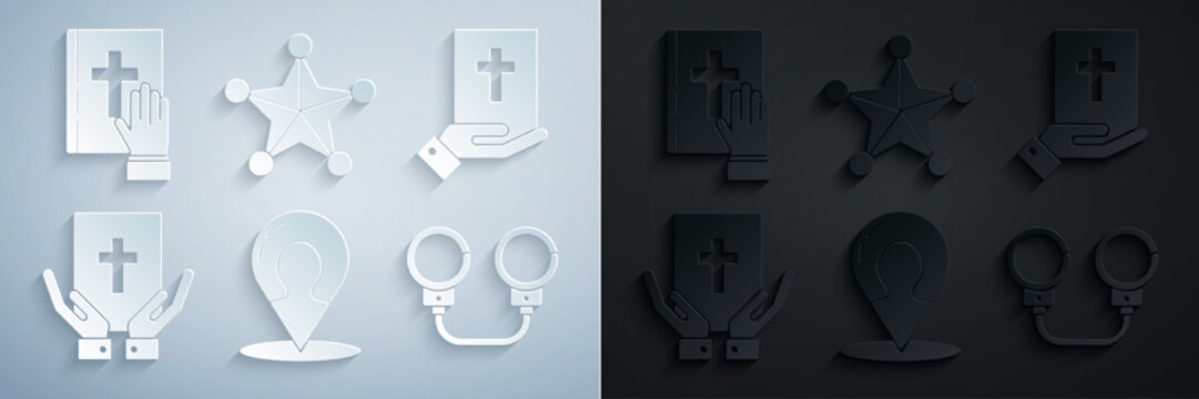 Set Map marker with a silhouette of a person, Oath the Holy Bible, Handcuffs, Hexagram sheriff and icon. Vector