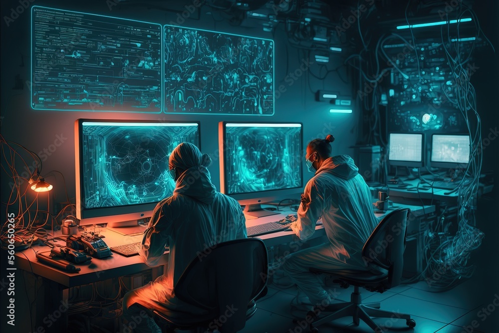 Poster smart men create realistic robot working on big monitors ai