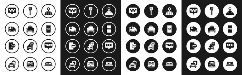 Set Location on the globe, Taxi car, Ambulance and emergency, Map pointer with taxi, call telephone service, Car key, and icon. Vector