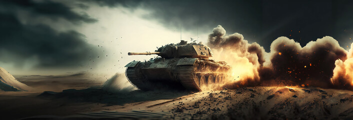 armored tank crosses a mine field during war invasion epic scene of fire and some in the desert, wide poster design with copy space area