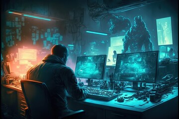 Smart man develops fantasy video game on big monitors AI