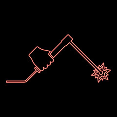 Neon welding machine in hand holding electric tool use Arm using equipment Spark electrode red color vector illustration image flat style