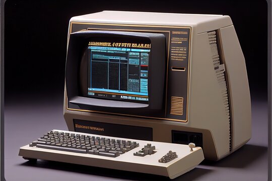 Vintage monitor with schemes on screen and keyboard AI