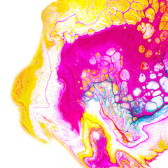 Bright acrylic abstract colored blot in fluid art style on white background. Perfect for business card, posters, postcards, advertising, holiday invitations. Contemporary Liquid Art. 