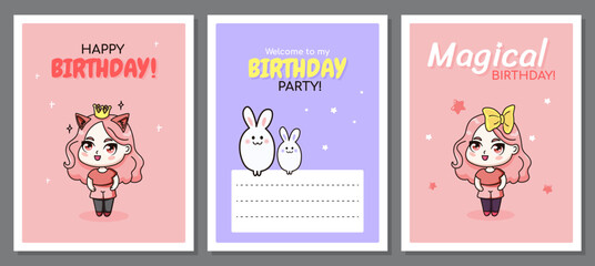 Fototapeta na wymiar Set of happy birthday greeting cards with chibi girls and bunnies.