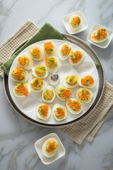 Gefüllte teuflische russische Eier mit Dill und orange Keta Lachs und gelb Saibling Kaviar auf Eierteller, Serviette grün, Silber Teller und Marmor Hintergrund hell
