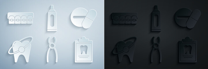 Set Dental pliers, Medicine pill or tablet, Tooth whitening concept, Clipboard with dental card, Tube of toothpaste and Teeth braces icon. Vector