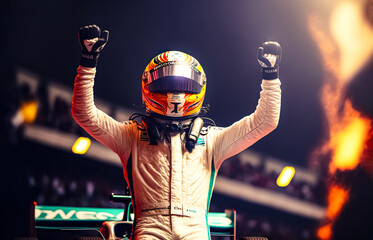 Fototapeta Silhouette of race car driver celebrating the win, gran prix. digital art	 obraz