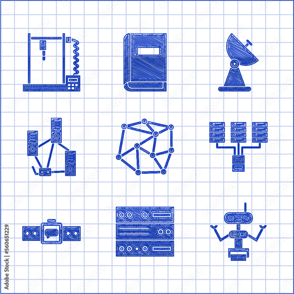 Poster set neural network, server, data, web hosting, robot, smartwatch, computer, radar and 3d printer ico